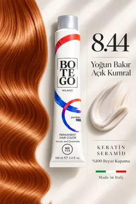 botegohair Profesyonel Kalıcı Krem Saç Boyası - 8.4 Bakır Açık Kumral - 100 ml – Keratin ve Seramid İçeren