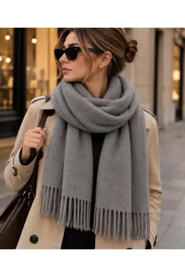 Didoria Accessory Kadın Püsküllü Yumuşak Dokulu Kışlık Atkı Uzun Şal Atkı - Gri