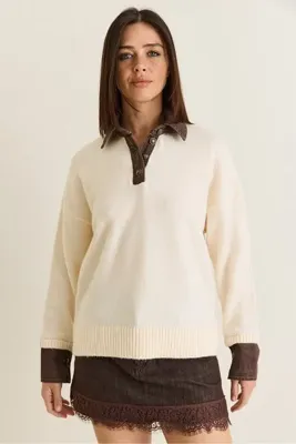 Bianco Lucci Kadın Ekru Denim Garnili Polo Yaka Düğme Detaylı Oversize Triko Kazak TK251099 60286683