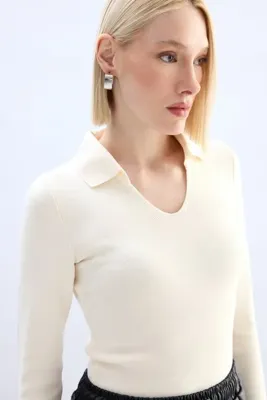 Sateen Polo Yaka Triko - Ekru