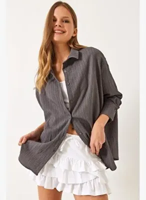 Shade Kadın Düşük Omuz Oversize Basic Bürümcük Gömlek 60392 60271069 - Füme