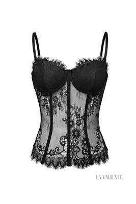 LA VALİENTE Pearl - Kadın Siyah Dantelli Balenli Korse Büstiyer - Transparan Askılı Body
