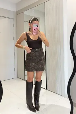 Gizem Ecemiş Keona Kahverengi Leopar Desen Etek