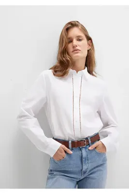 Mavi Nakışlı Şerit Detaylı Beyaz Gömlek Regular Fit / Normal Kesim 1211174-70057
