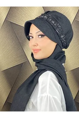 BUTİKAMBAR TESETTÜR GÜNLÜK SİYAH SİMLİ ATKILI ŞAPKAŞAL