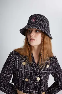 Holly Lolly Tüvit Kumaş Logolu Bucket Tweed Şapka Siyah