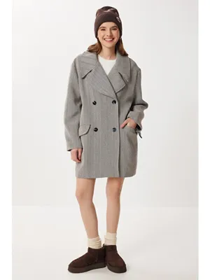 Happiness İstanbul Balık Sırtı Oversize Kaşe Kaban KAHVERENGİ BEYAZ LFN0143
