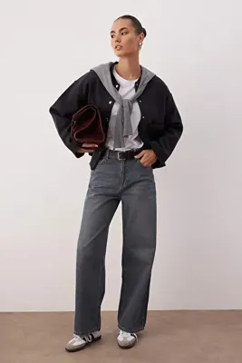 TRENDYOLMİLLA Gri Yüksek Bel Baggy Wide Leg Rahat Geniş Paça %100 Pamuklu Jeans TWOAW26JE00239