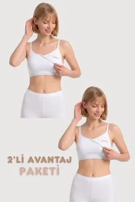 Nastenka Kadın Beyaz Pamuklu Likralı İp Askılı Hamile ve Emzirme Büstiyeri - 2'li Paket