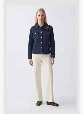 Selesty Official İndigo İşlemeli Rahat Kalıp Denim Ceket