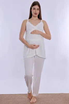 ByLohusa İp Askılı Emzirme Özellikli Hamile Lohusa Pijama Takımı Effortt - Ekru