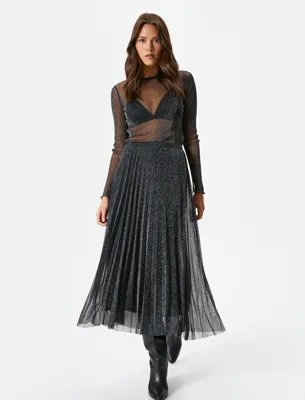 Koton Koton X Selected by Melis Ağazat - Simli Pileli Midi Tül Etek Slim Fit