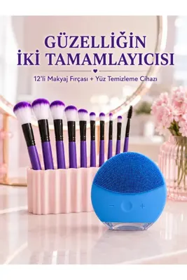 YUZEM 12’li Mor Makyaj Fırça Seti ve Silikon Yüz Temizleme Cihazı İkili Makyaj ve Cilt Bakım Seti