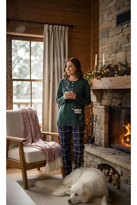 Nena %100 pamuk uzun kol yeşil sevimli ayılı yılbaşı konseptli kışlık pijama takımı
