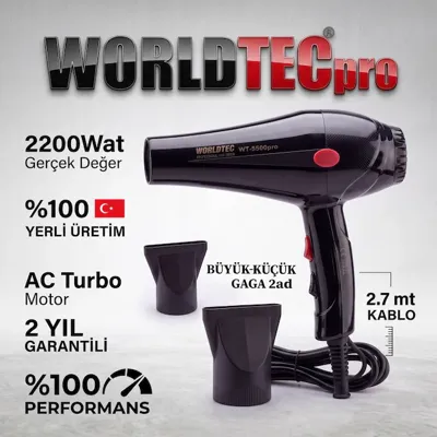 Worldtec WT-5500PRO 2200 W Turbo Profesyonel Kuaför Fön & Saç Kurutma Makinesi Ac Motor Güçlü Motor Kalitesi