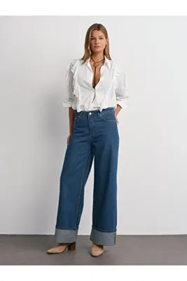 Dilvin 71726 Paçası Kıvrık Geniş Kesim Denim Pantolon-Mavi