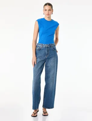 Koton Pamuklu Bisiklet Yaka Slim Fit Kolsuz Bel Vurgulu Kobalt Mavi Tişört