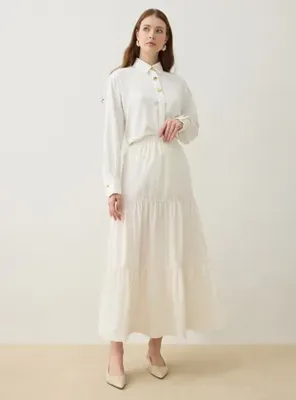 Refka Beli Lastikli Kat Detaylı Poplin Basic Etek - Beyaz - Refka