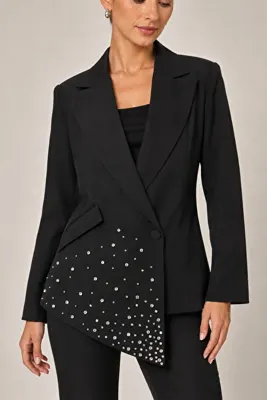 Mys Collection Kadın Siyah Taşlı Blazer Ceket Asimetrik Kesim