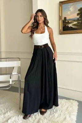 Nana & Mayka Moda Kadın Siyah Modal Yüksek Bol Paça Kemerli Pantolon Etek