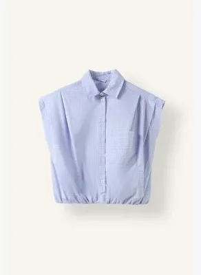 DeFacto %100 Pamuk Overshirt Fit Klasik Yaka Çizgili Cepli Poplin Etek Ucu Lastikli Kolsuz Crop Gömlek
