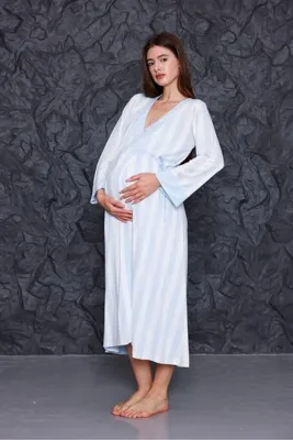 Yulem Homewear Mavi Askılı Çizgili Emzirme Özellikli Lohusa Hamile Gecelik-Sabahlık 2'li Set