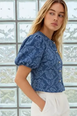 Asfaha Fashion Kadın Mavi Jakarlı Desenli Balon Kol Denim Bluz Ceket