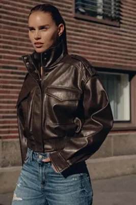 PRİFALDİ TURQUAZ STYLE ZR Oversize Kadın Dik Yaka Cepli Bomber Apolet Yaka Acı Kahve Deri Ceket