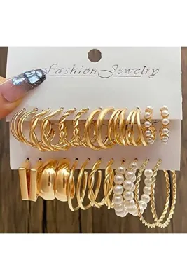 Perry Accesories 12 Adet Küpe Çoklu Kombin Incili Klipsli Halka Set Küpe 12 Çift Kadın Gold Küpe Seti
