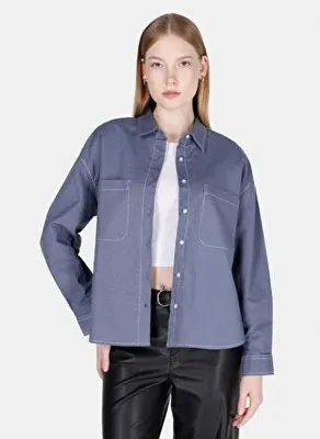 Colins Regular Fit Shirt Neck Düz Kadın Mavi Uzun Kol Gömlek