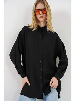 Bigdart Kadın Dokulu Oversize Tunik 5989 - Siyah SİYAH