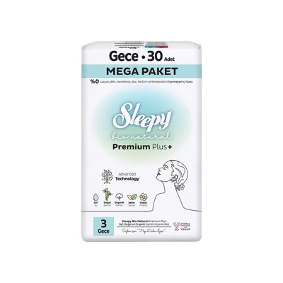 Sleepy Bio Natural Premium Plus Hijyenik Ped Mega Paket Gece 30 Adet