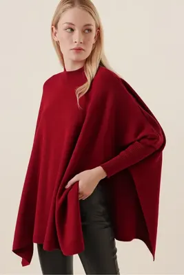 Bigdart Kadın Bordo Yandan Yırtmaçlı Oversize Panço Kazak