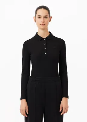 Lacoste Siyah Polo Yaka Slim Fit Uzun Kollu Kadın T-shirt