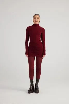 Holly Lolly Balıkçı Yaka Büzgülü Mini Tami Elbise Bordo