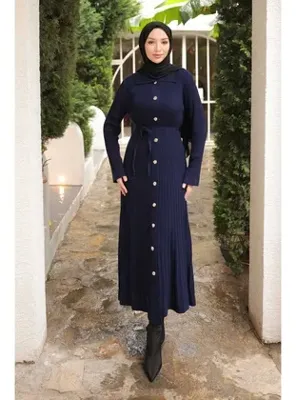 İmaj Butik Lacivert Düğmeli Triko Elbise
