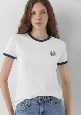 Mavi Logo Baskılı Ekru Tişört