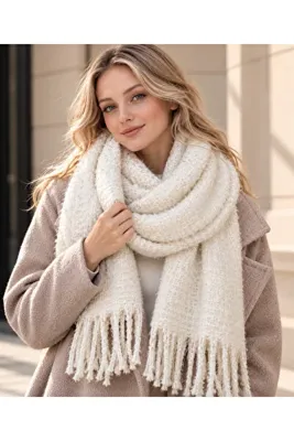 Didoria Accessory Kadın Simli Buklet Püsküllü Kalın Kışlık Atkı Şal 44x224 cm - Beyaz