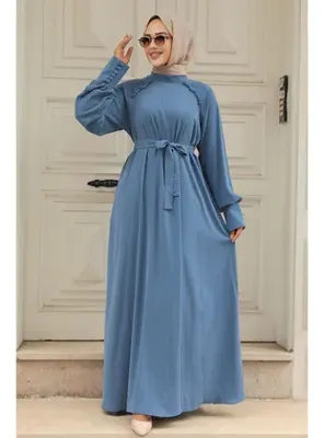 Neva Style Kemerli Mavi Tesettür Elbise 33014M