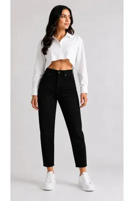 geenz manifacture NRT Marnie Siyah Likralı Esnek Süper Yüksek Bel Mom Jeans Pantolon