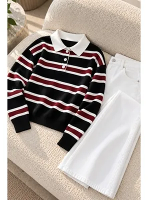 İmaj Butik Siyah Polo Yaka Çizgili Triko Kazak