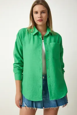 Lovelyİstanbul Oversize Basic Keten Ayrobin Gömlek YEŞİL LDD0009