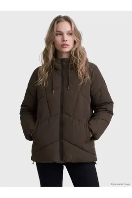 LC Waikiki TexX Store Kalitesi LCW Vision Kahverengi Kapüşonlu Oversize Kadın Şişme Mont