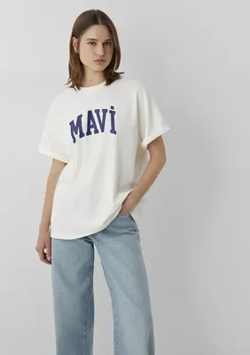 Mavi Logo Baskılı Ekru Tişört