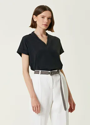 Brunello Cucinelli Antrasit Yakası İşlemeli T-shirt