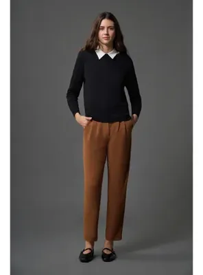 Mizalle Basic Örme Krep Kahve Pantolon