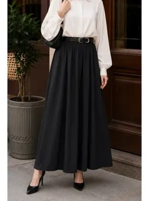 İmajButik Siyah Bel Lastikli  Kemerli Etek