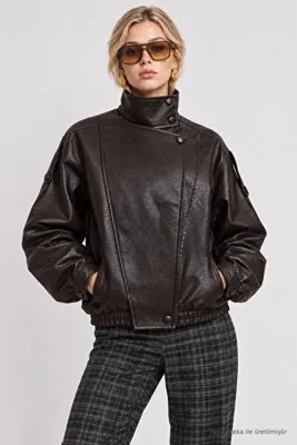 Lovelyİstanbul Suni Deri Biker Ceket LAZ0022 KAHVERENGİ