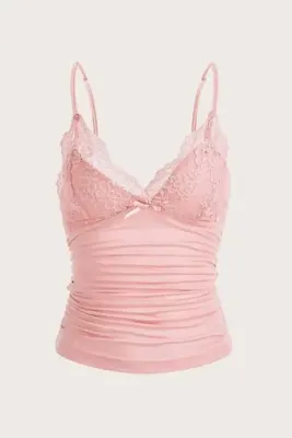 BALİNA Pembe Dantel Detaylı Fiyonklu Y2K Askılı Crop