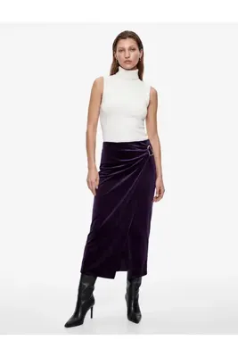 Koton Slim Fit Aksesuarlı Yırtmaçlı Kruvaze Kadife Anvelop Midi Etek